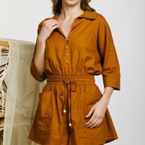 Lapel collared roll-up sleeve linen romper- Camel color